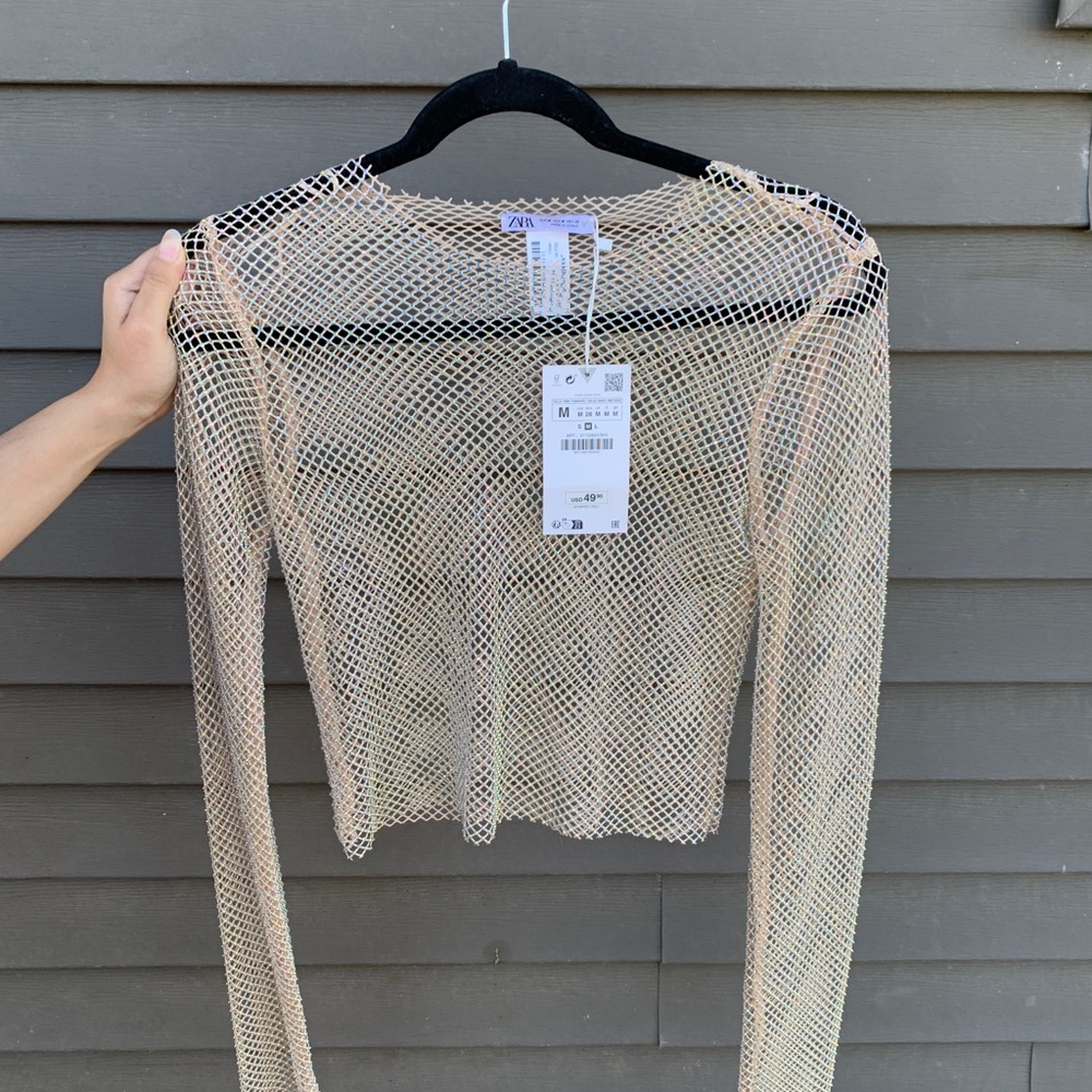 Zara Beige Open-Knit Long Sleeve Crop Top